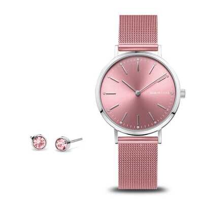 Bering Classic Pink Watch & Earring Gift Set