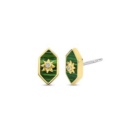 Ti Sento Radiant Sun Malachite Stud Earrings Sterling Silver Gold Plated