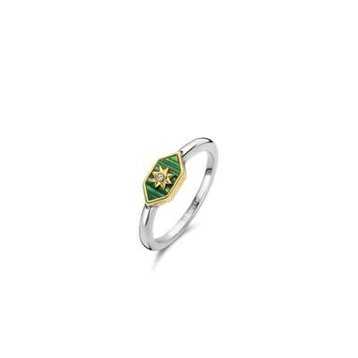 Ti Sento Radiant Sun Malachite Signet Ring Sterling Silver Gold Plated