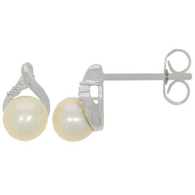 9ct White Gold Pearl & Diamond Wishbone Stud Earrings 5mm