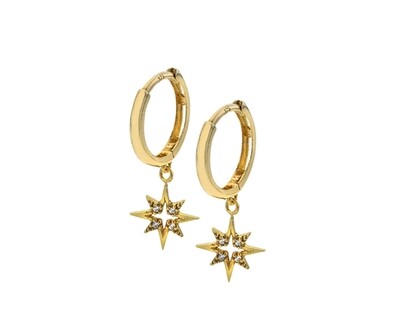 9ct Yellow Gold Starburst CZ Hoop Earrings