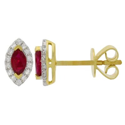 18ct Yellow Gold Ruby & Diamond Marquise Halo Stud Earrings