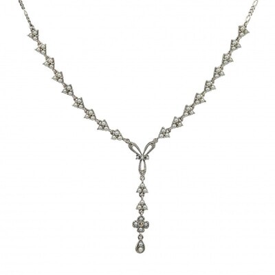 Vintage Design Sterling Silver Marcasite Seed Pearl Y-Shape Necklace 16"