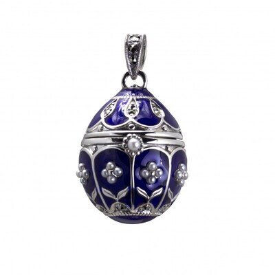 Vintage Design Sterling Silver Blue Enamel Pearl Ornate Egg Pendant