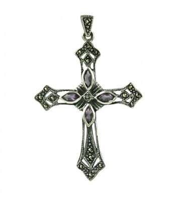 Vintage Design Sterling Silver Amethyst Cross Pendant