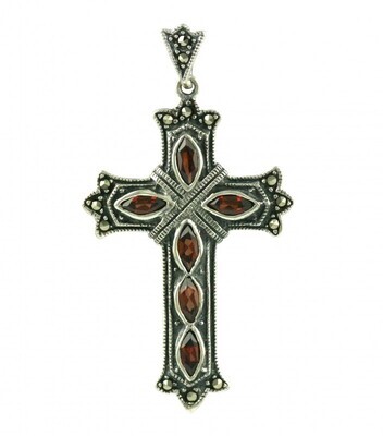 Vintage Design Sterling Silver Garnet Cross Pendant