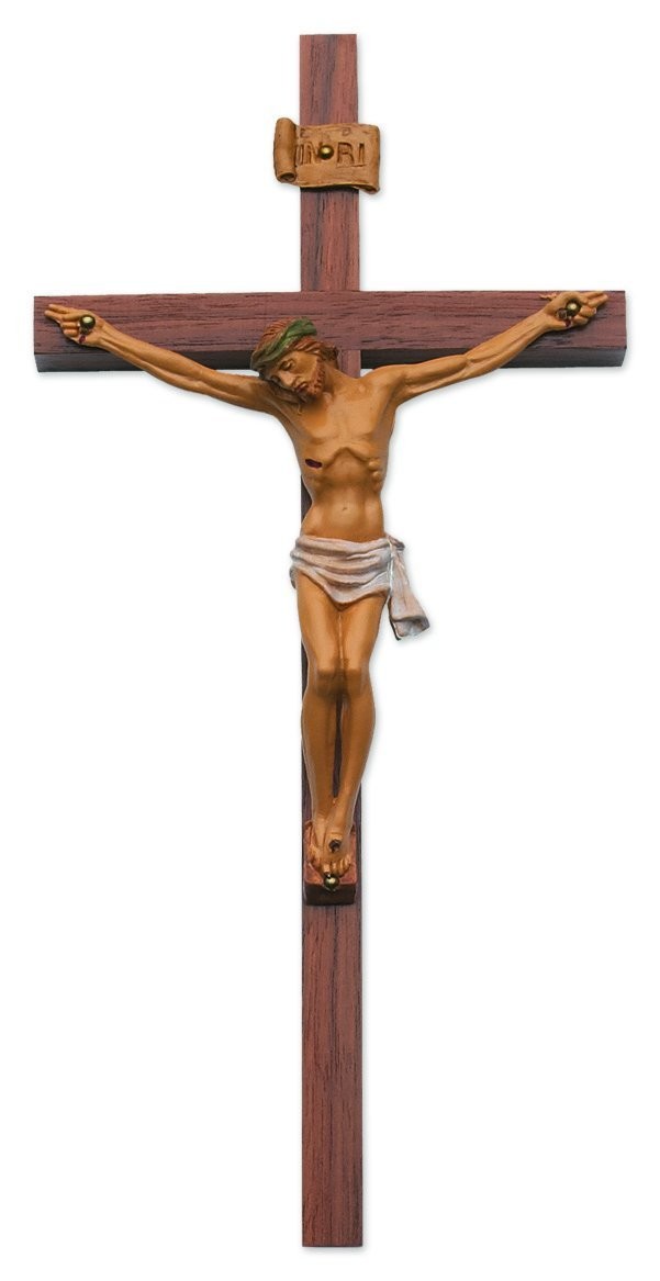 12" Wood Wall Crucifix Cross, Walnut Wood, Italian Resin Corpus Christ In Gift Box