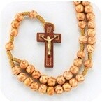 8MM ROUND MARBLEIZED LIGHT WOOD BEADS ON A CORD WITH A WOOD CRUCIFIX