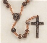 7mm Brown Marble Bead Rosary with St. Benedict Crucifix and Center. 15"