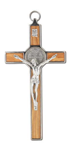8" ST. BENEDICT OLIVEWOOD INLAY SILVER PLATED CRUCIFIX