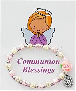 CREAM &amp; PINK HEART FLOWER STRETCH- FIRST COMMUNION BRACELET