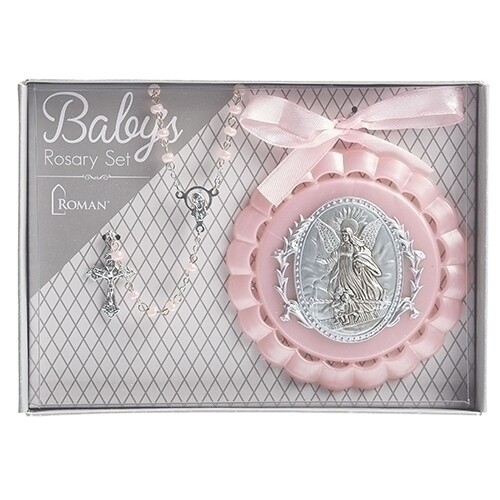 4.25&quot; PINK CRADLE MEDAL AND ROSARY BAPTISM SET