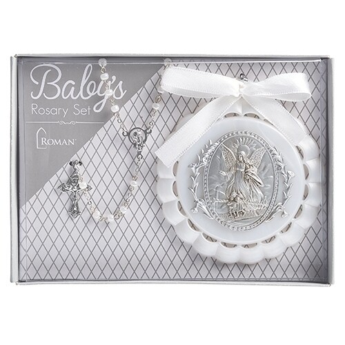 4.25&quot; WHITE CRADLE MEDAL AND
ROSARY BAPTISM SET