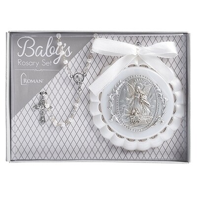 4.25" WHITE CRADLE MEDAL AND
ROSARY BAPTISM SET