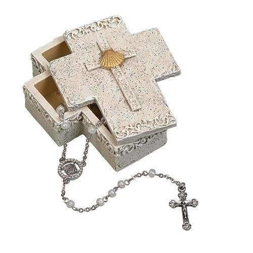 3&quot;H CROSS SHAPE BAPTISM ROSARY KEEPSAKE BOX