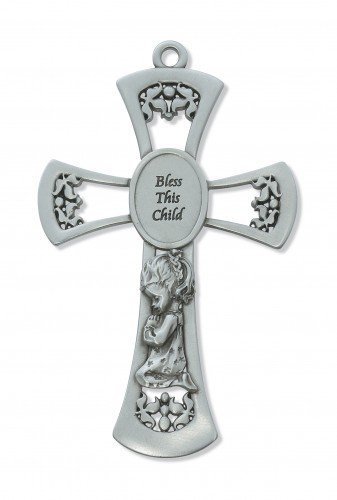 Bless This Child Pewter Cross (Girl and Boy design) 6"