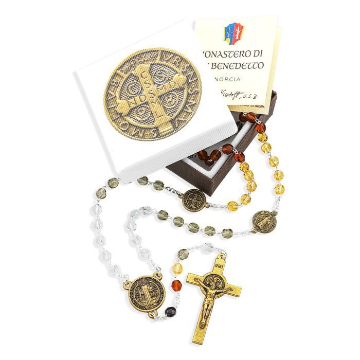 St Benedict Multi Color Crystal Glass Bead Rosary, Boxed