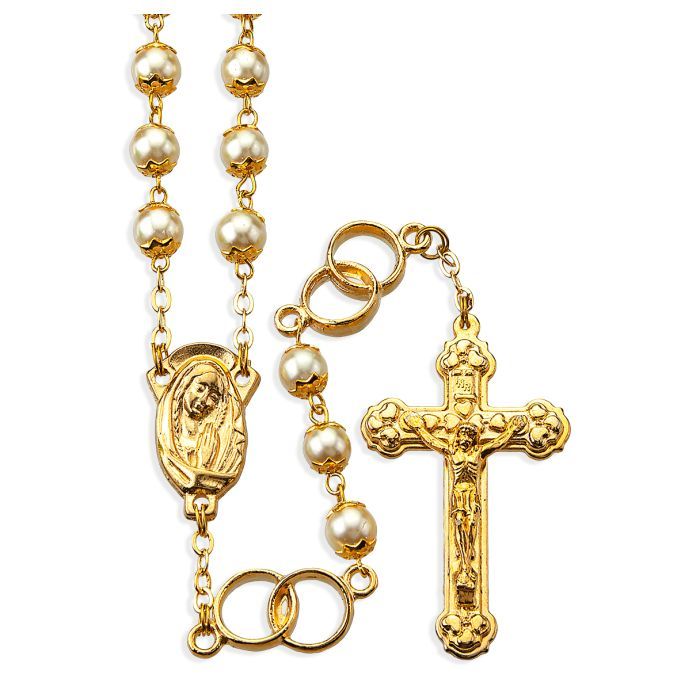 White Pearl Bead Gold Wedding Ring Rosary, Boxed