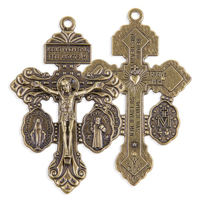3pc 2 1/8&quot; Pardon Crucifix with Miraculous and St. Benedict Medals in Antiqued Bronze