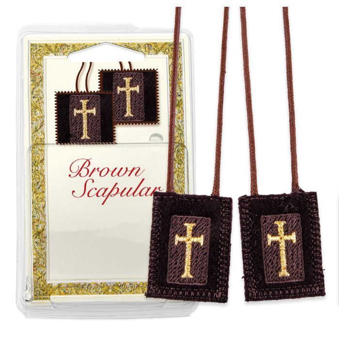 Genuine Brown Wool Scapular with Gold Embroidered Latin Crusader Crosses