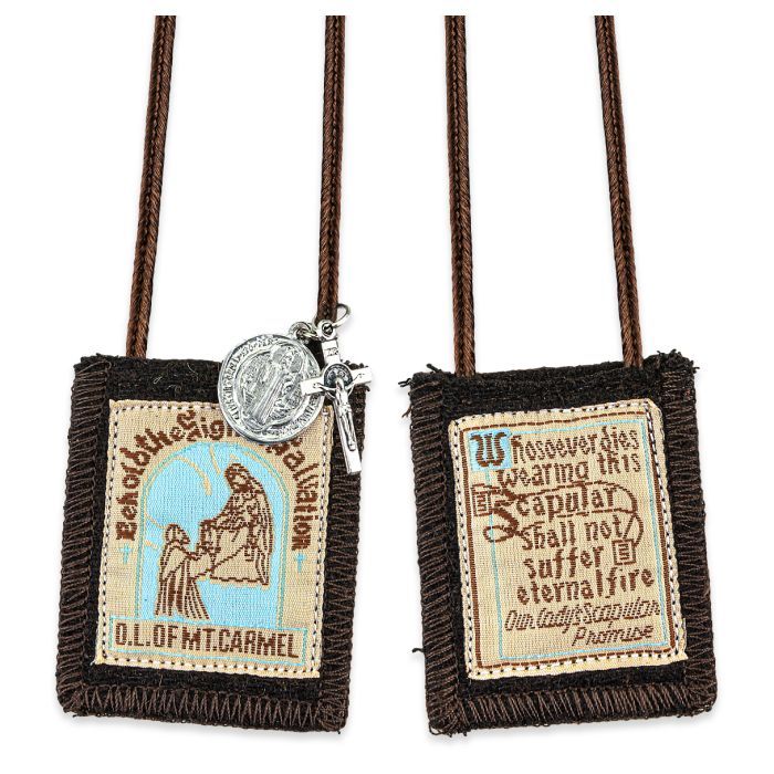 Our Lady of Mount Carmel Genuine Brown Wool Scapular with St. Benedict Medal and Crucifix