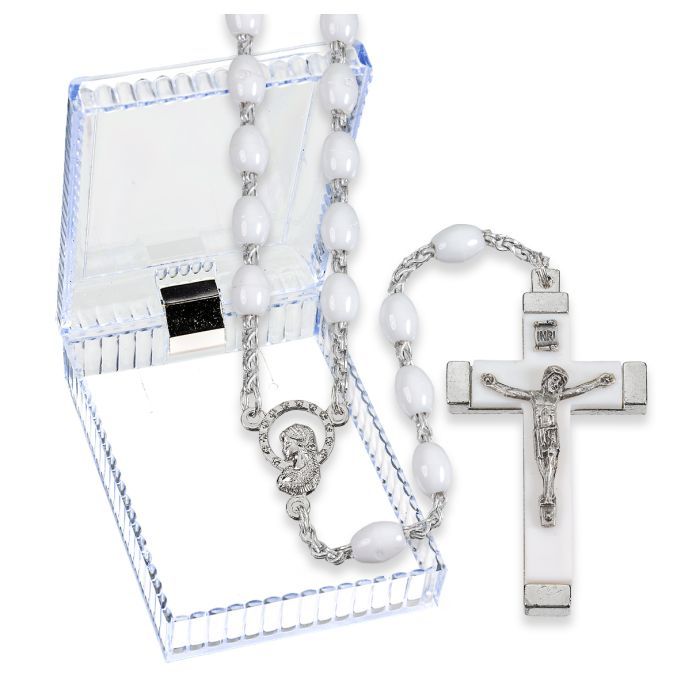 White Acrylic Bead Rosary with Metal Bound Crucifix, Boxed