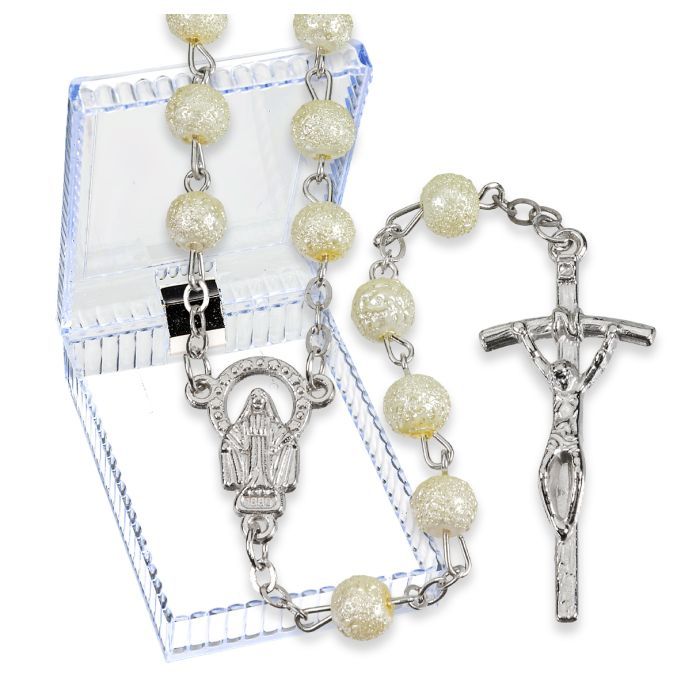 6mm White Hammered Bead Rosary, Boxed