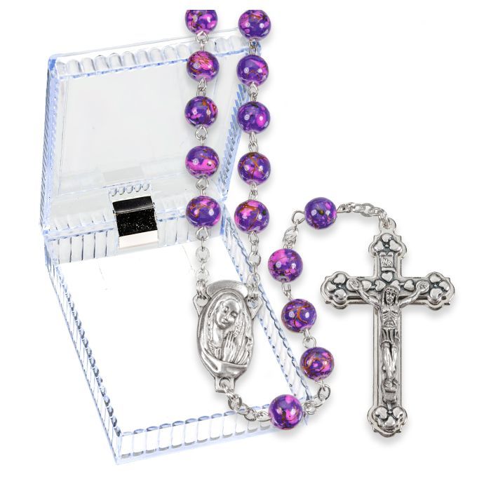Amethyst Mosaic Glass Bead Rosary, Boxed