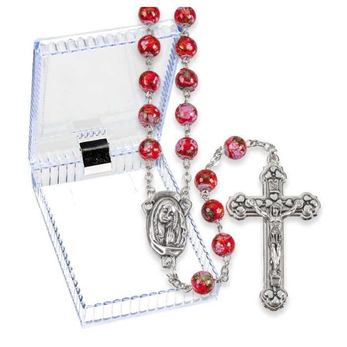 Red Mosaic Glass Bead Rosary, Boxed
