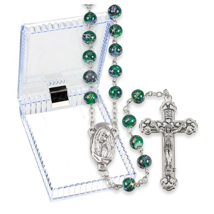 Multicolor Mosaic Blue/ Green Glass Bead Rosary, Boxed