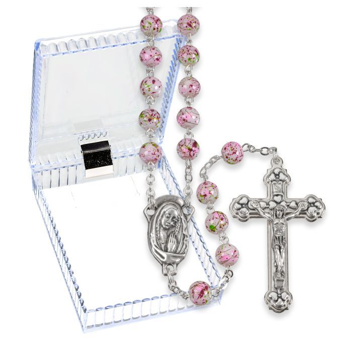 White and Pink Mosaic Glass Bead Rosary, Boxed
