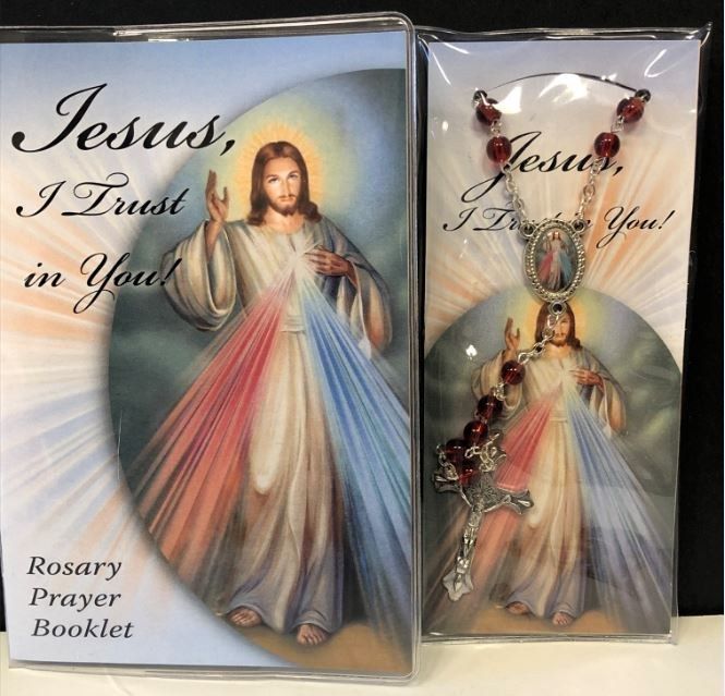 Rosary and Prayer Card Gift Set, Chaplet of the Divine Mercy with Red Beads and Silver Tone