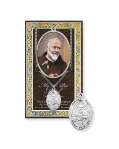 Saint Padre Pio Genuine Pewter Medal on a 24&quot; Chain with Biography and Picture Folder