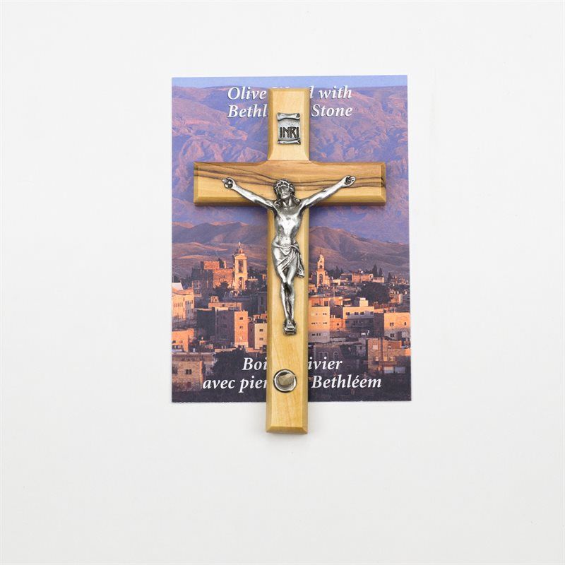 Olive Wood Crucifix with Bethlehem Stone