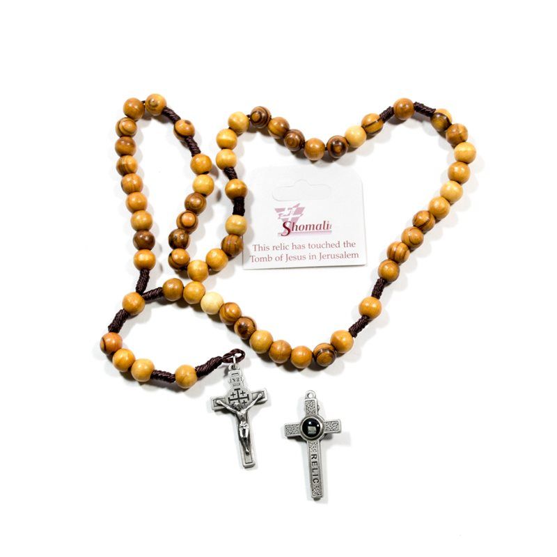 Rosary with Relic Pewter Cross - Olive Wood