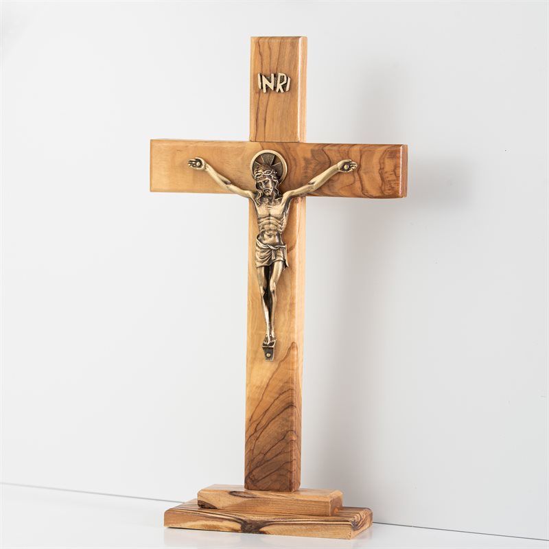 Bronze Plated Pewter Corpus Olive Wood Crucifix on Base