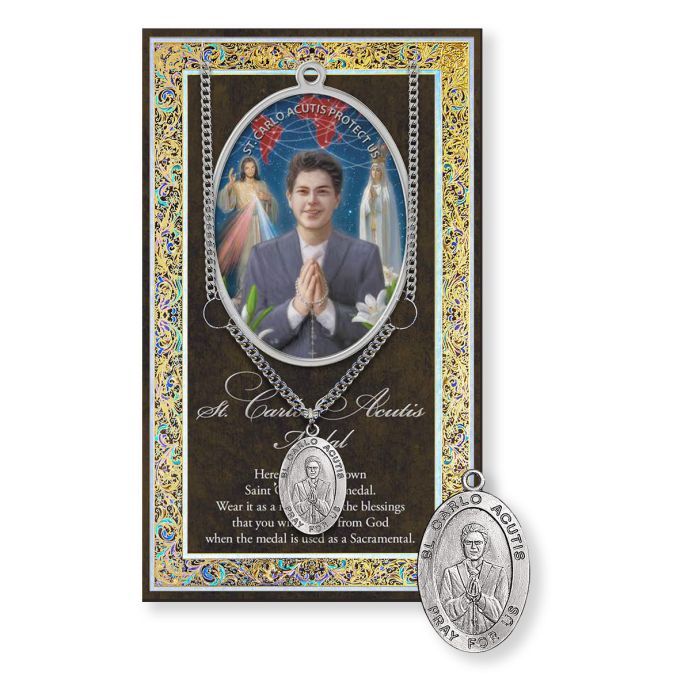 Saint Carlo Acutis Medal Chain - With Biography and Picture Holder