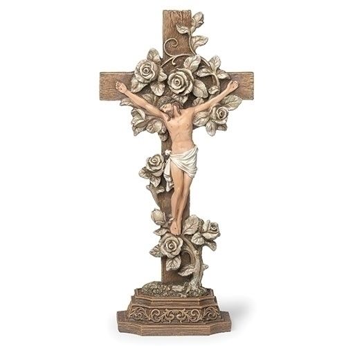 13&quot;H CRUCIFIX WITH ROSES TABLETOP