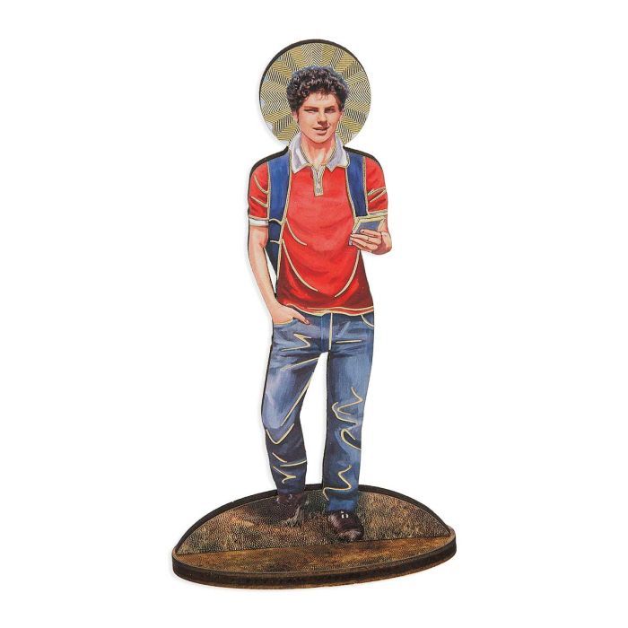 6&quot; Saint Carlo Acutis Gold Foil Laser Cut Wood Staue with Biography
