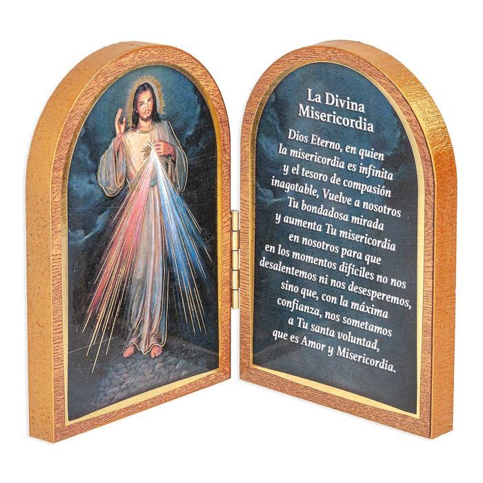 Divine Mercy Standing Natural Wood Diptych in Spanish