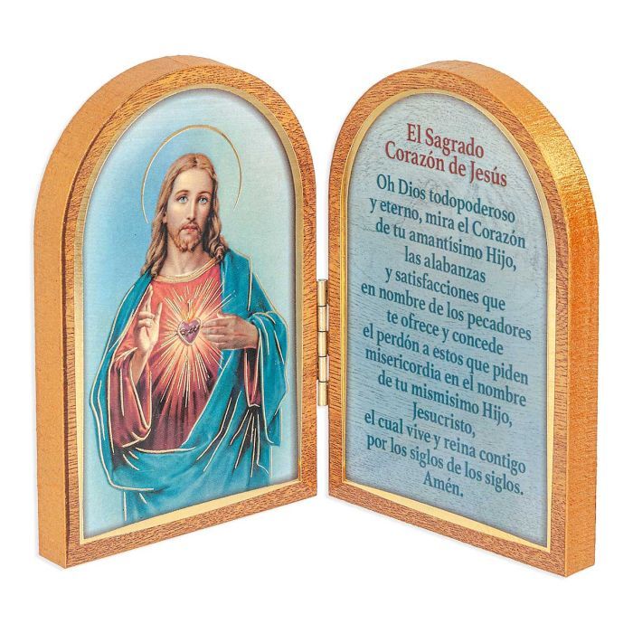 Sacred Heart of Jesus Standing Natural Wood Diptych in Spanish