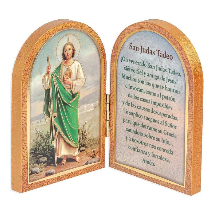 St. Jude Standing Natural Wood Diptych in Spanish