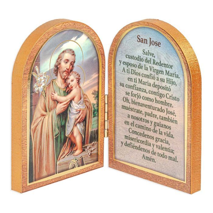 St. Joseph Standing Natural Wood Diptych in Spanish