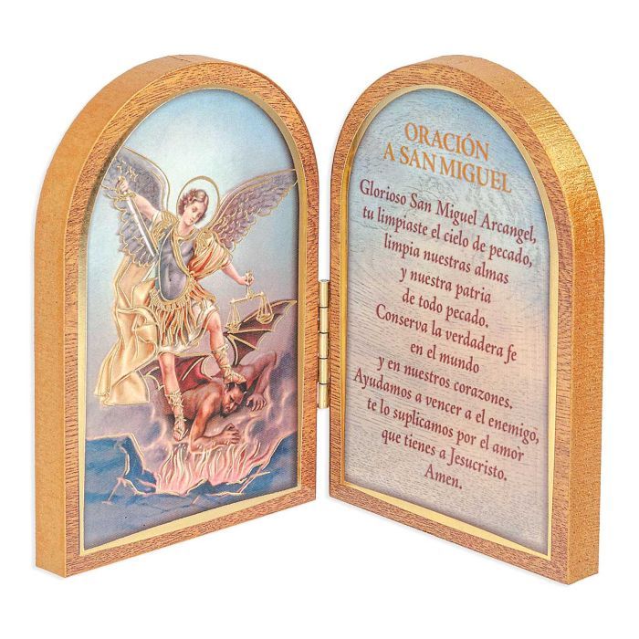 St. Michael Standing Natural Wood Diptych in Spanish