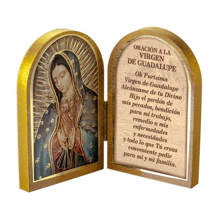 Our Lady of Guadalupe Standing Natural Wood Diptych in Spanish