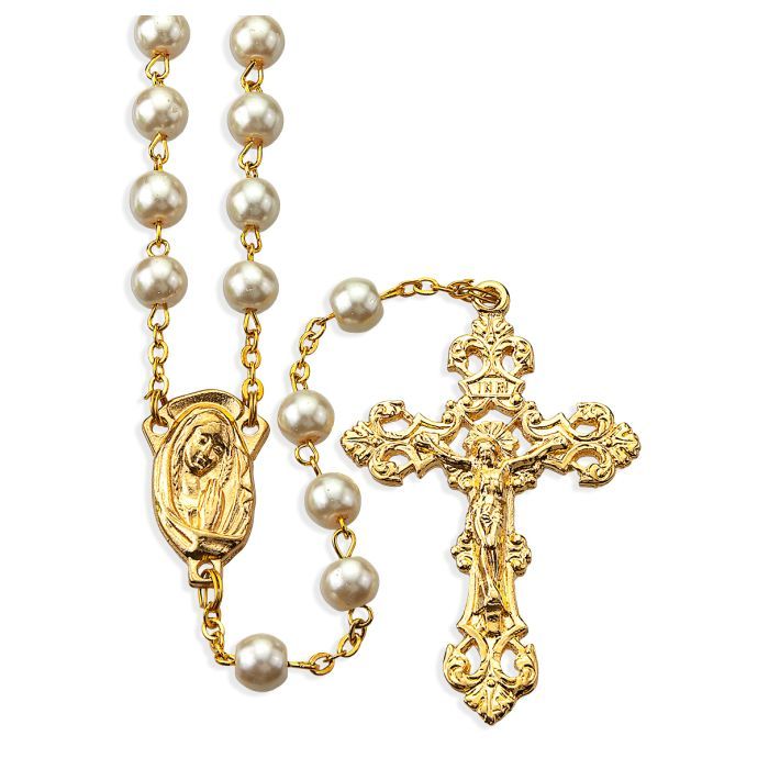 White Faux Pearl Bead Rosary, Boxed