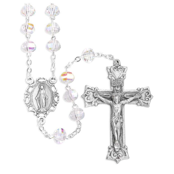 8mm Deluxe Faceted Crystal Aurora Borealis Glass Bead Rosary, Boxed