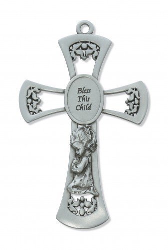 Bless This Child Pewter Cross (Girl and Boy design) 6&quot;