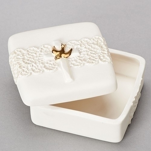 CONFIRMATION GLAZED LACE PORCELAIN KEEPSAKE 
 BOX ROSARY BOX