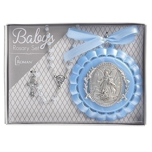 4.25" BLUE CRADLE MEDAL AND ROSARY BAPTISM SET